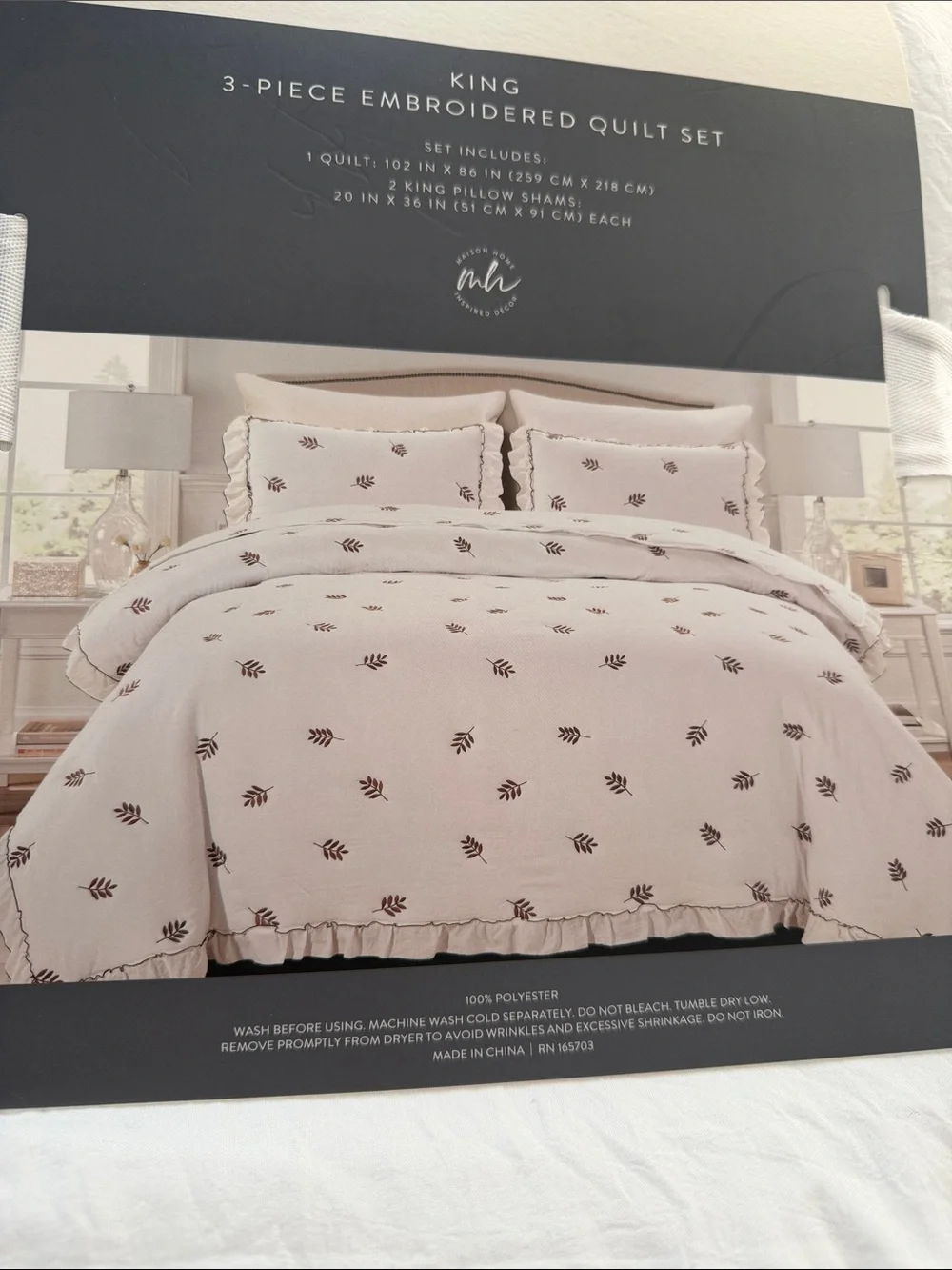 Embroidered King Quilt Set in Cream with Brown Leaf Motif